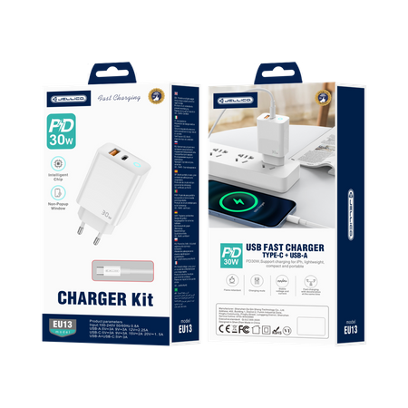 JELLICO wall charger EU13 GaN PD 30W 1xUSB-C + 1xUSB QC3.0 + cable USB-C - USB-C White