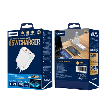 JELLICO wall charger C79 GaN PD 65W 2xUSB-C + 1xUSB QC3.0 White